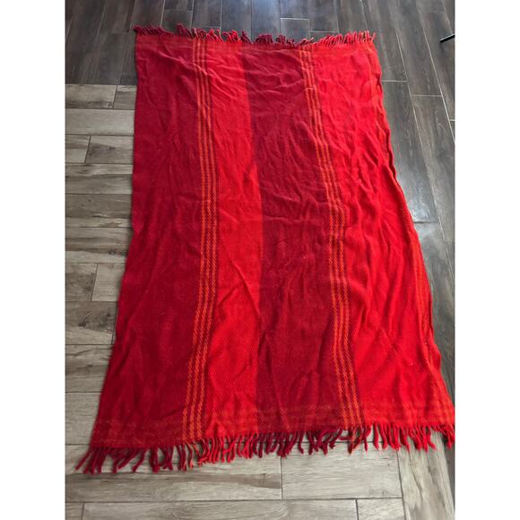 Vintage Hand Woven Red Stripe Wool Blanket 45"x80" Fringe - Picture 9 of 10
